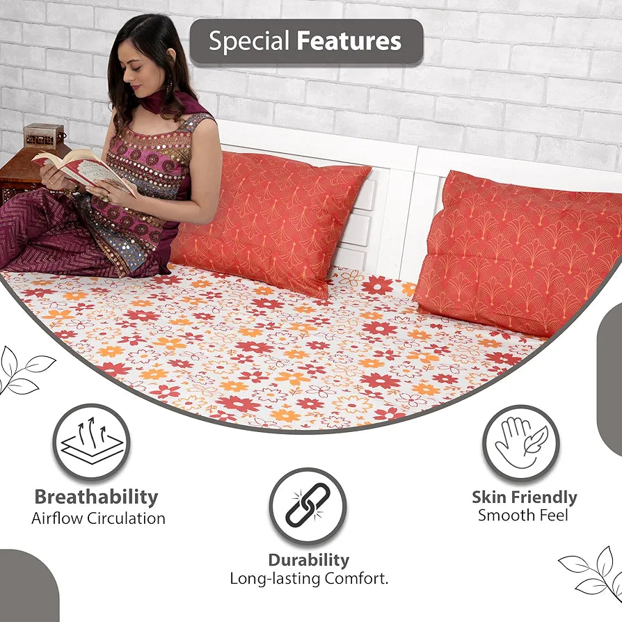 Divine Casa Double Size Bedsheet for Double Bed 144 TC Pure Cotton Queen Size with 2 Pillow Covers Floral Colour Rust White