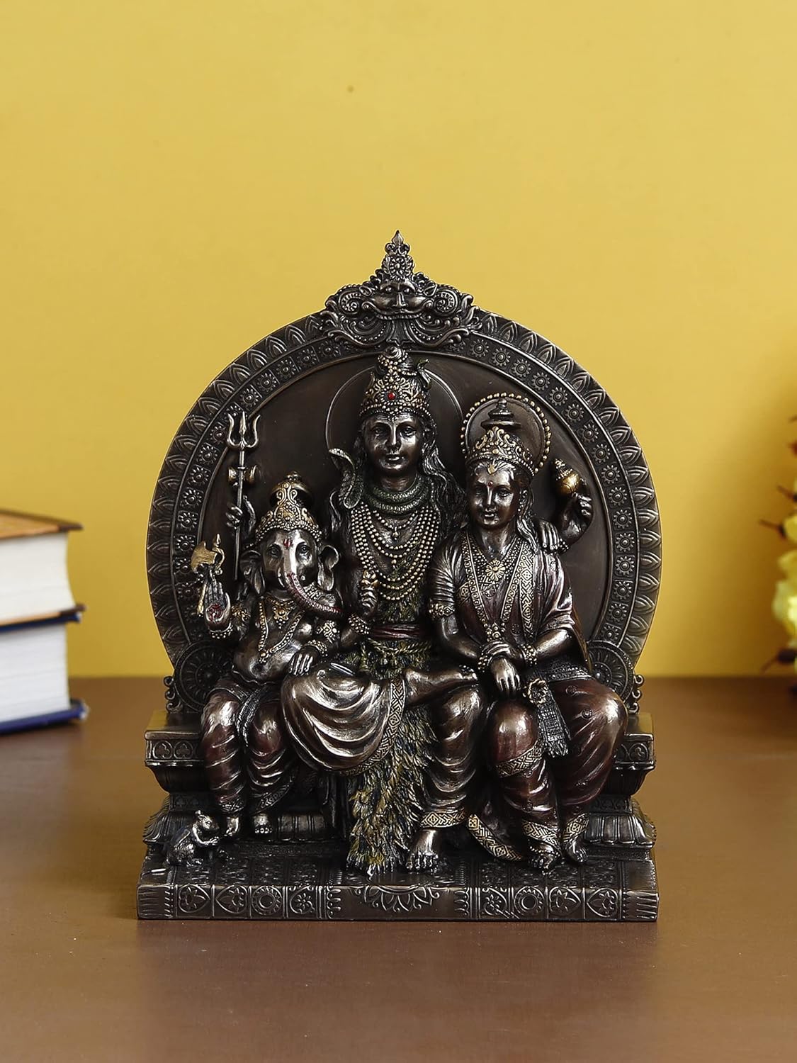Ecraftindia Bronze Polyresin Shiv Parivar Statue Sitting on Singhasan Decorative Showpiece