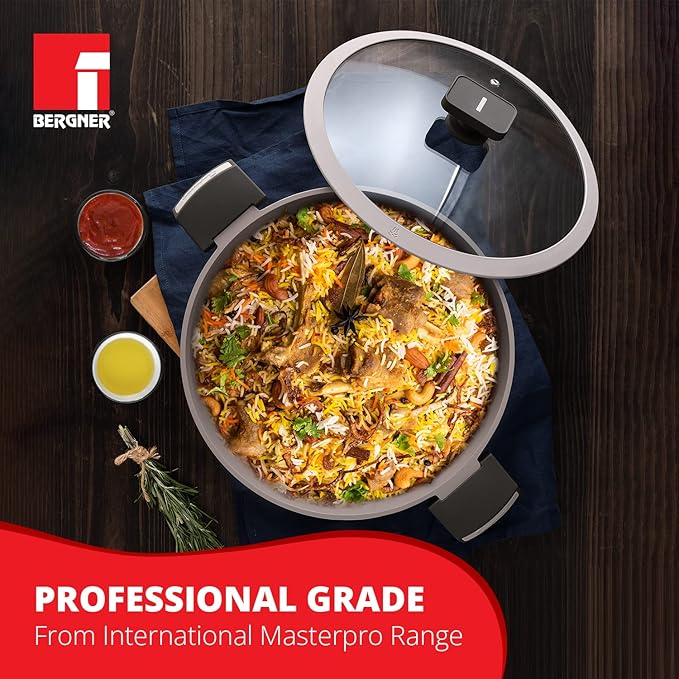 Bergner Gastro Non-stick Kadai With Glass Lid 30cm | Induction Base & Ergonomic Soft Touch Handles