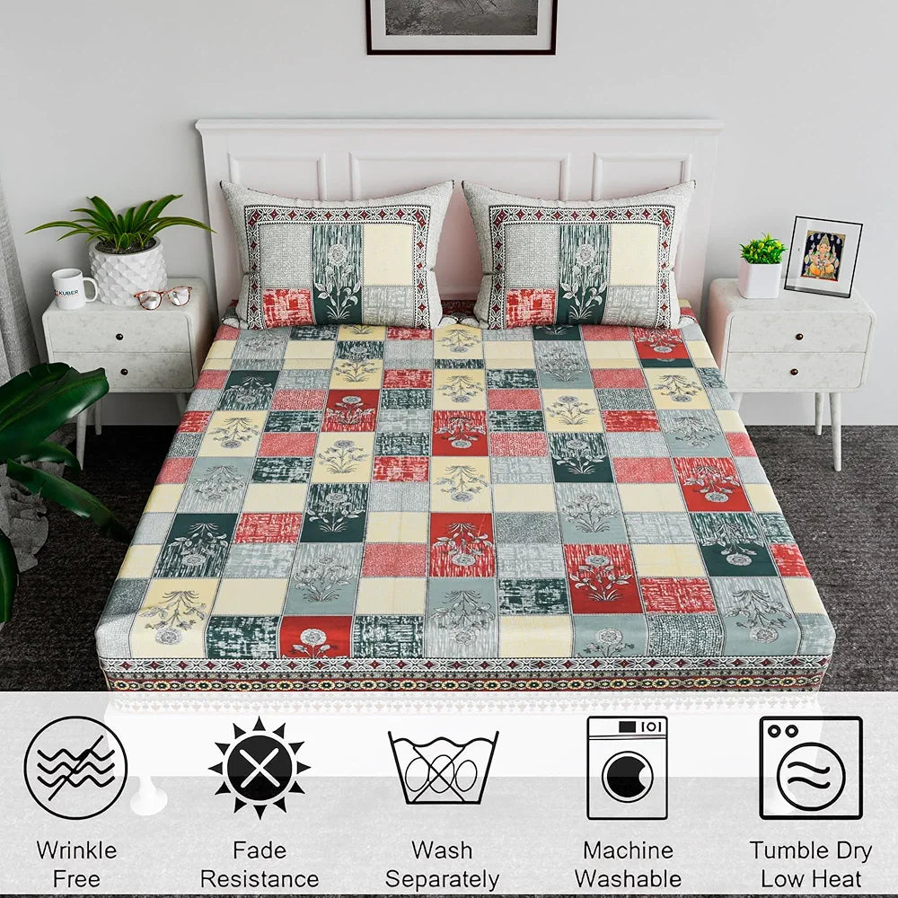 Kuber Industries Cotton Bedsheets for Double Bed with 2 Pillow Covers Candy Flower Green & Yellow