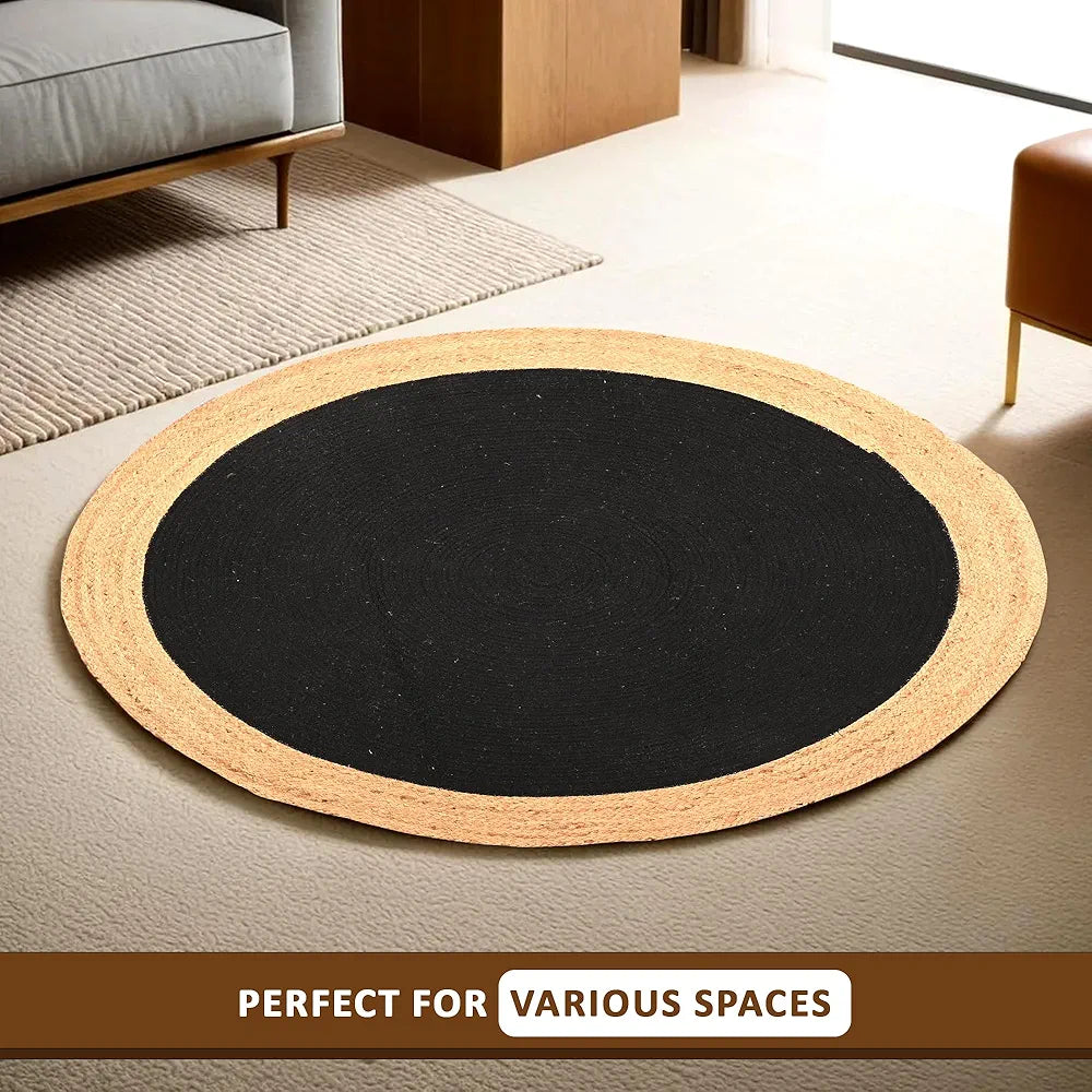 Kuber Industries Round Jute Rug & Carpet for Home Bedroom Light Brown & Black