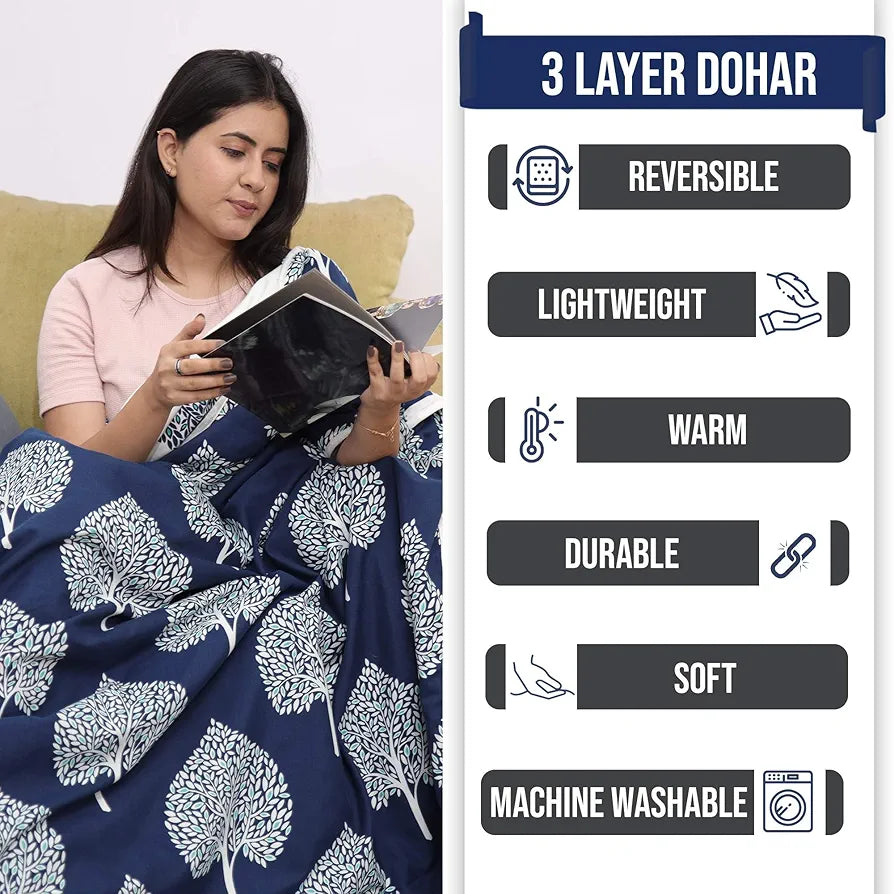 Divine Casa 120 GSM Microfiber Single Kids Dohar Soft & Lightweight Throw Blanket Tree Motif Pattern Colour Navy Blue & White