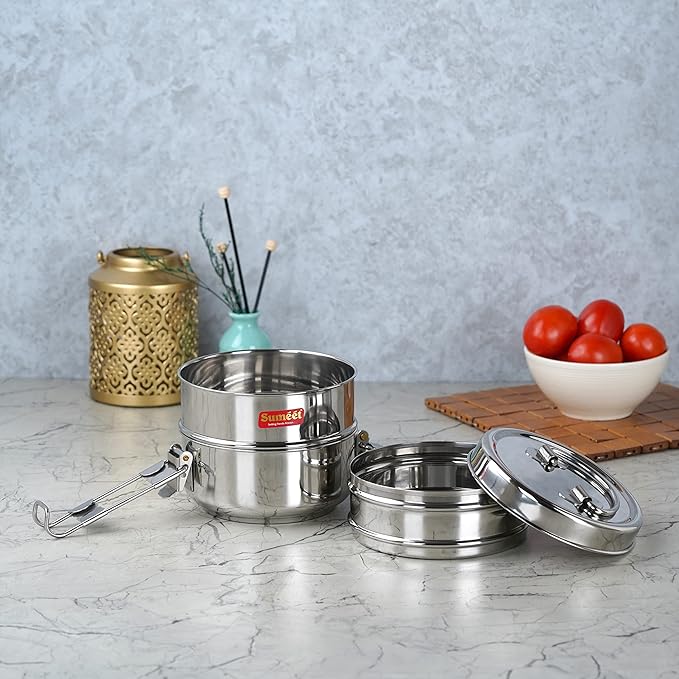 Sumeet Stainless Steel Small Size 3 Compartment Lunch Box/Tiffin 10Cm (1000 ml Silver)