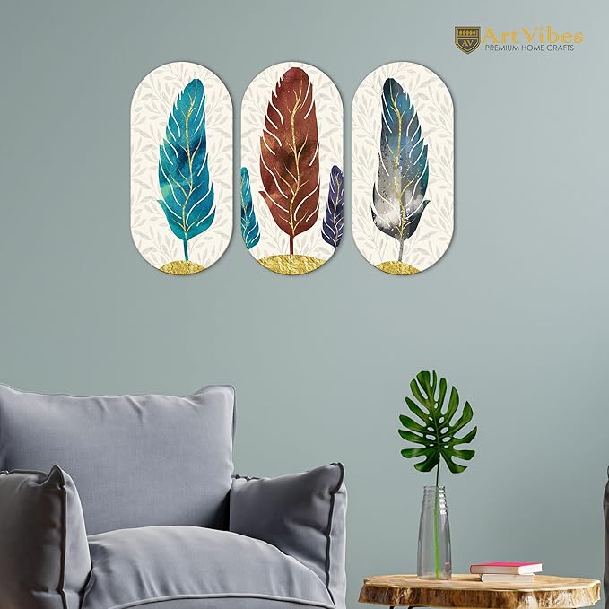Artvibes Feather Wooden Wall Hanging Decoration Items for Home | Set of 3