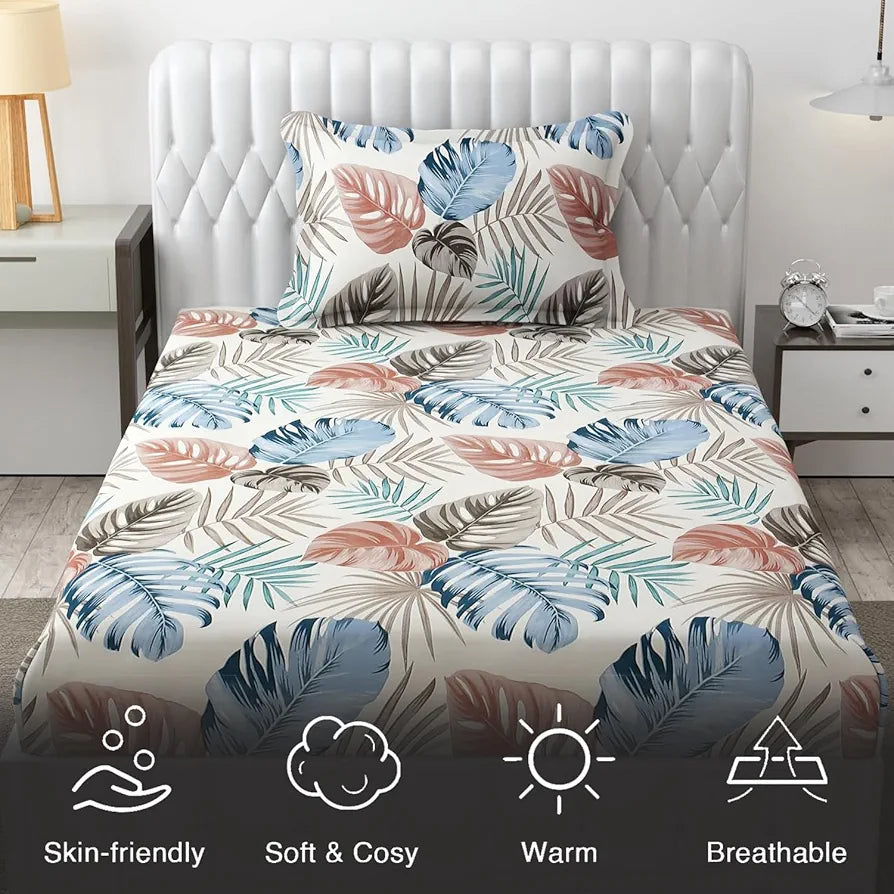 Fresh From Loom Single Size Bed Floral Design Bed Spread With 1 Pillow Covers 144 tc BBM White