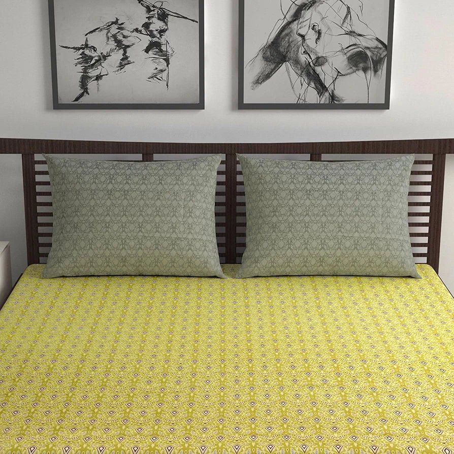 Divine Casa 144 TC 100% Pure Cotton Double Bedsheet with 2 Pillow Covers Ikat Diamond Print Colour Mustard Yellow
