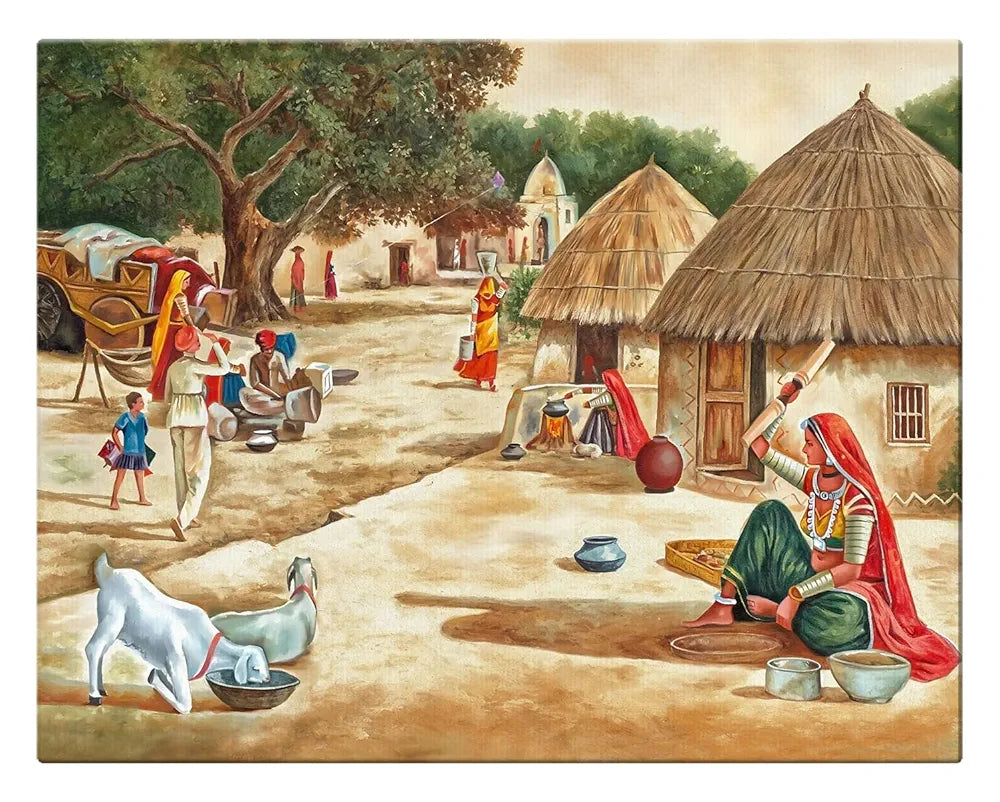 ArtX Paper Indian Village Scene  AXDMD-0101-VIL Nature Wall Art Painting