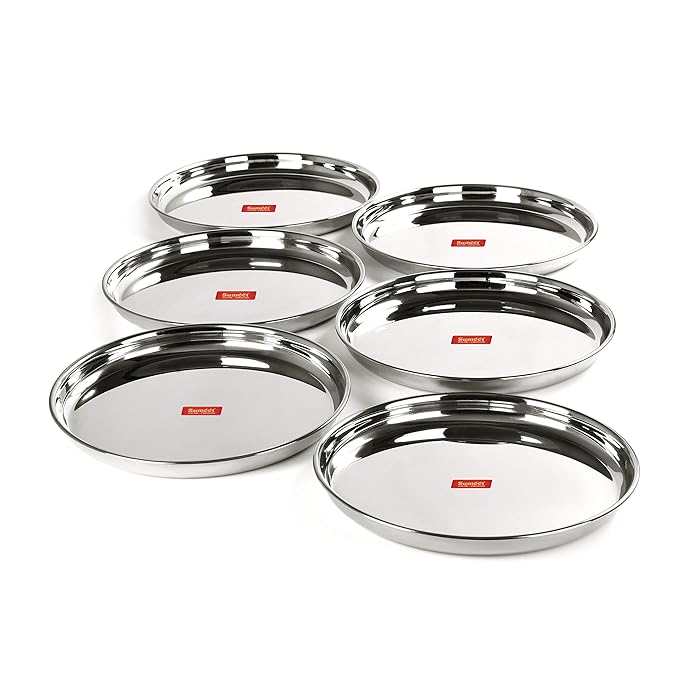 Sumeet Stainless Steel Heavy Gauge Deep Wall Snack Plates 31.3cm Set of 6 pcs