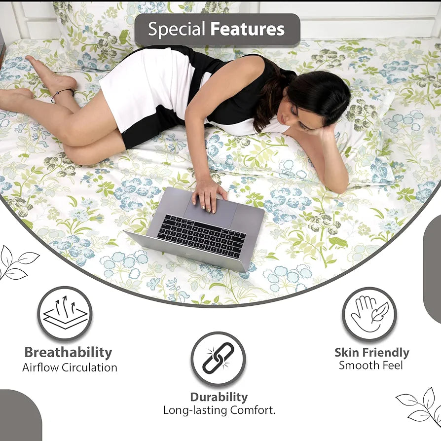 Divine Casa Bedsheet for Single Size Bed 144 TC Cotton Bedsheet for Single Size Bed with 1 Pillow Cover  Floral Colour Mint Blue