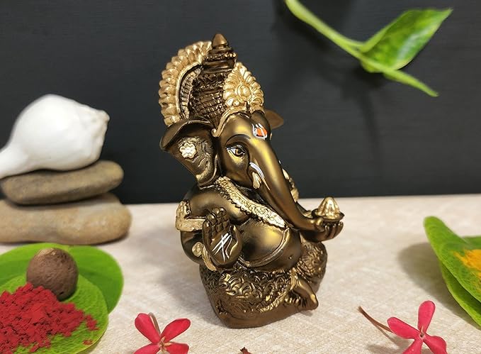 Gold Art India Handcrafted French Brown Mukut Ganesha Idol Perfect for Car Dashboard Home or Office