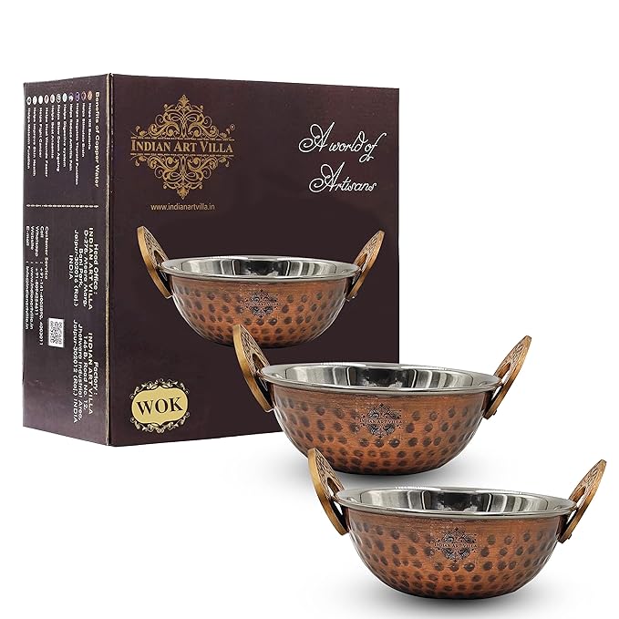 Indian Art Villa Hammered Antique Dark Finish Design Steel Copper Kadhai Wok | 700 ml