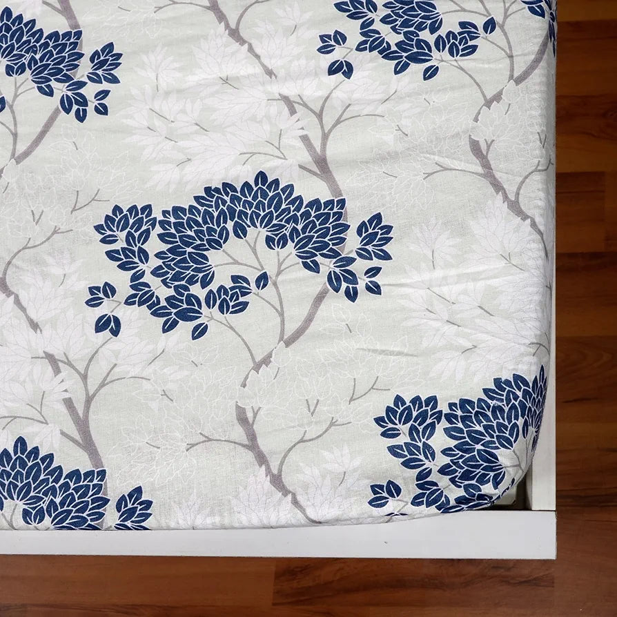 Divine Casa 144 TC Floral Print King Size Fitted Bedsheet 100% Cotton Skin Friendly & Soft Colour Harbor Mist