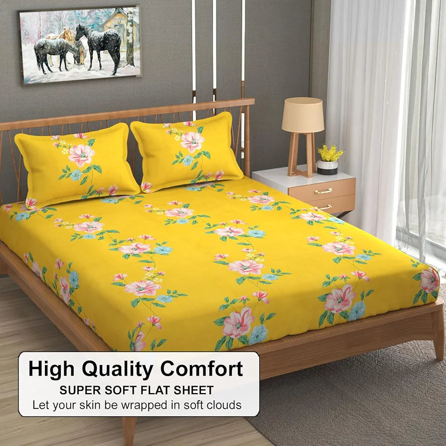 Fresh From Loom Hypoallergenic King Size Floral Print Microfiber Bedsheet Set 240 TC Includes 2 Pillow Covers Daisy-Yellow