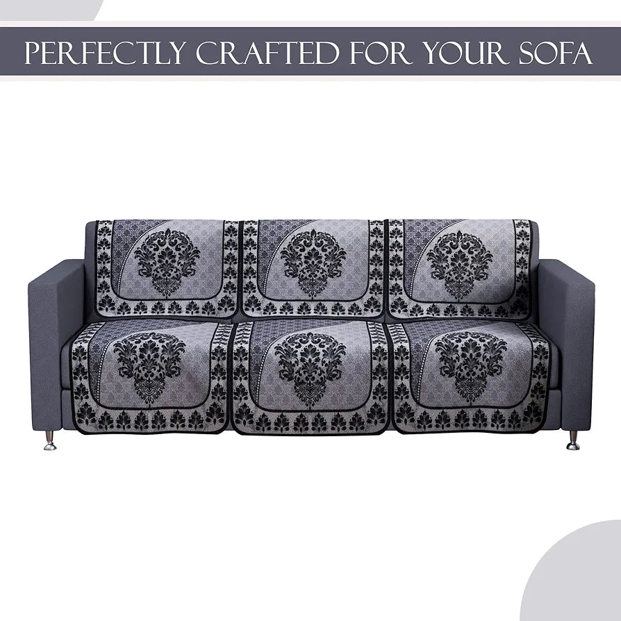 Kuber Industries Set of 10 Net Anti-Skid Sofa Cover 5-Seater Floral Print Black & Grey