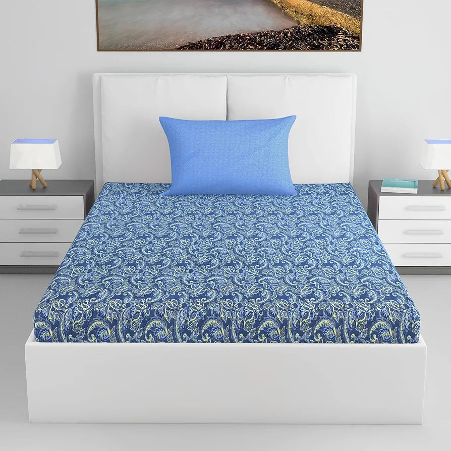 Divine Casa 144 TC 100% Pure Cotton Single Size Bedsheet with 1 Pillow Cover Floral Paisley Colour Beige Blue