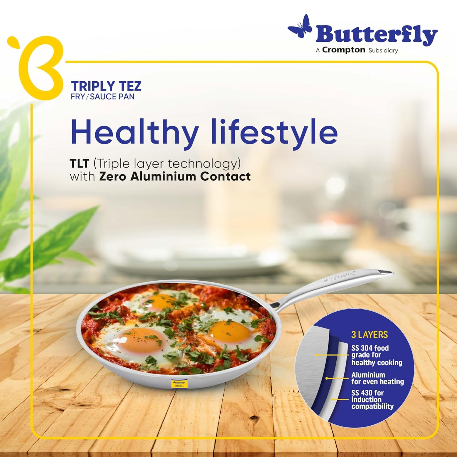 Butterfly Tez Triply Fry/Saute Pan with Glass Lid | 26 cm | 2 Litre