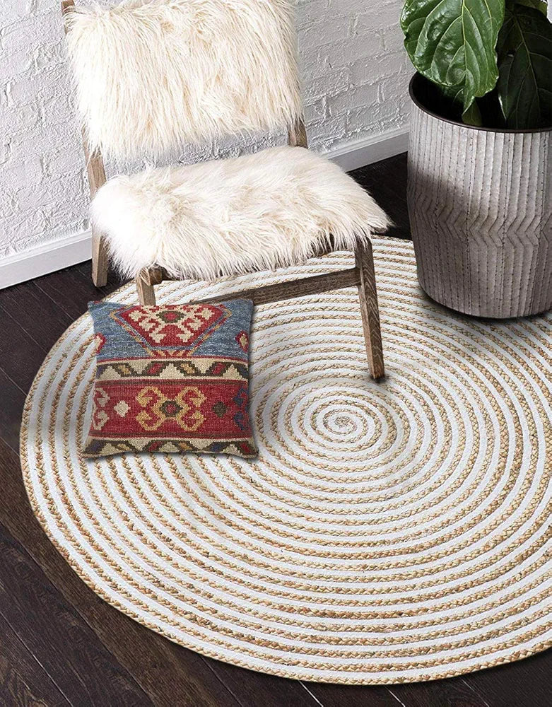 The Home Talk Natural Handcrafted Braided Round Jute Rug 120 cm White