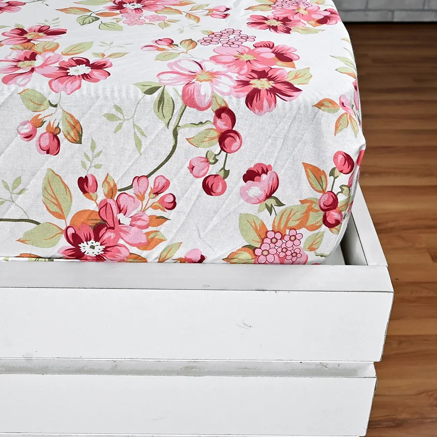Divine Casa Floret 100% Cotton Double Fitted Bedsheet 144 TC Colour Rosy Retreat