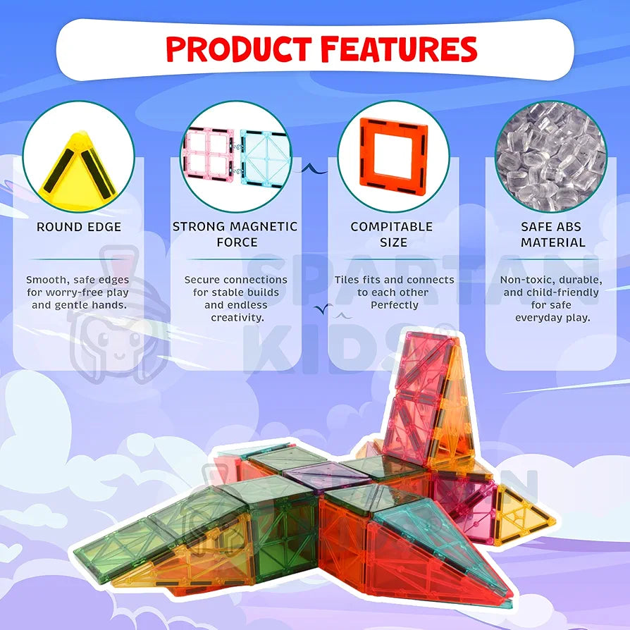 SPARTAN KIDS® Premium Magnetic Tiles for Kids  Magnetic Building Blocks for Kids 3 4 5 6 7 8 Years, Constructing & Learning Builder Educational Kids Magnetic Blocks Game
