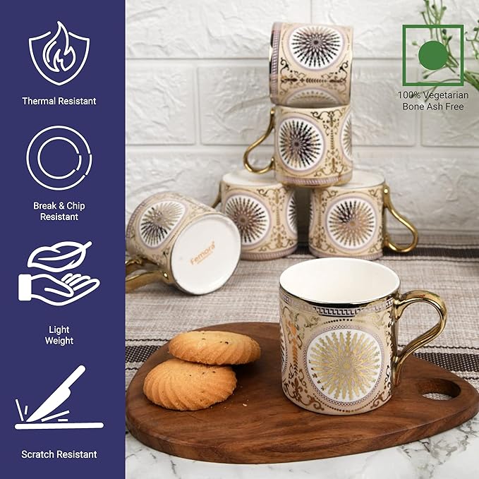 Femora Mandala Pattern With Golden Handle Golden Coffee Mugs | 130 Ml | 6 Pieces Set | Not Microwave Safe