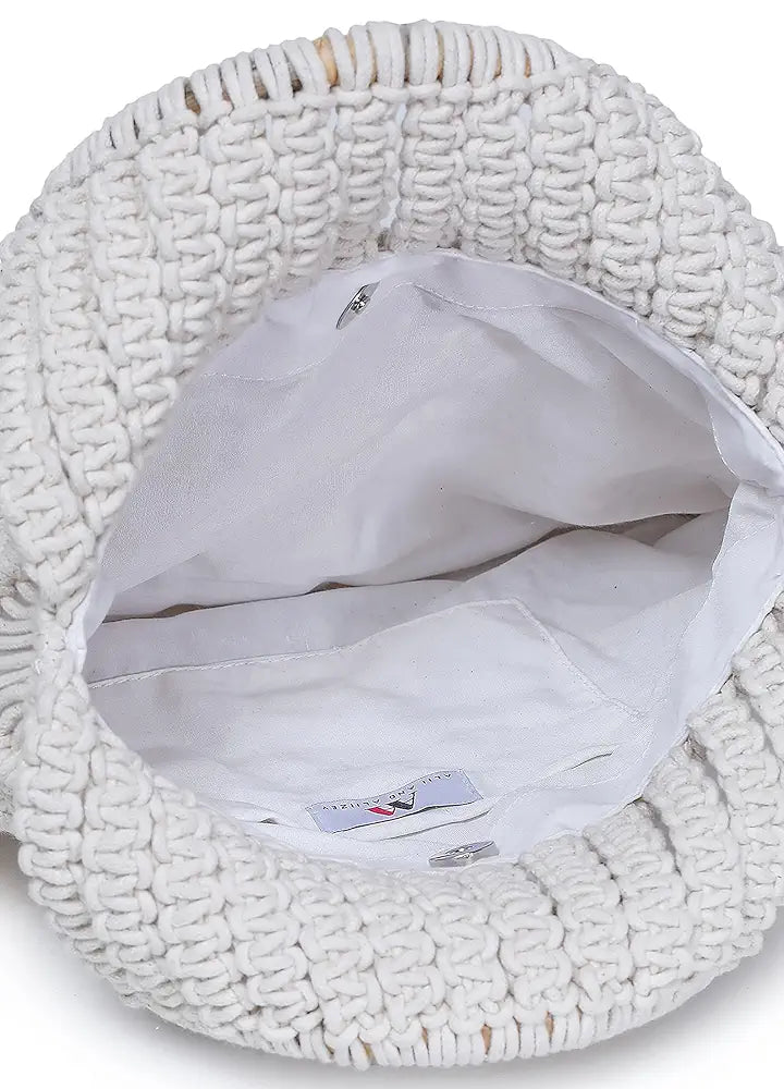 Klondon Alii And Aliizey Off-white Macrame Braided Wooden Handle Handbag