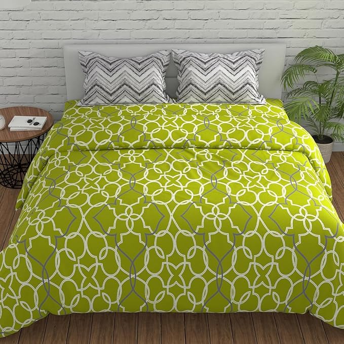 Huesland by Ahmedabad Cotton 144 TC King Size Bedsheet Cotton with 2 Pillow Covers | Green & Grey