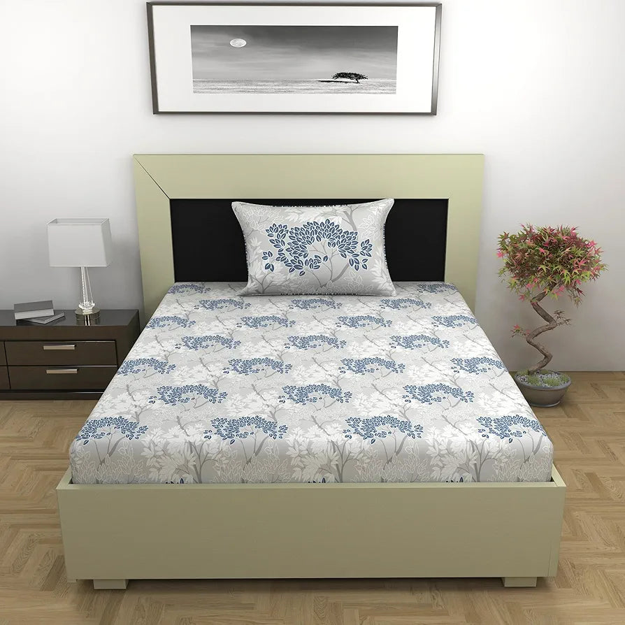 Divine Casa 144 TC Pure Cotton Single Bedsheet with 1 Pillow Cover Floral Pattern Colour Grey Blue