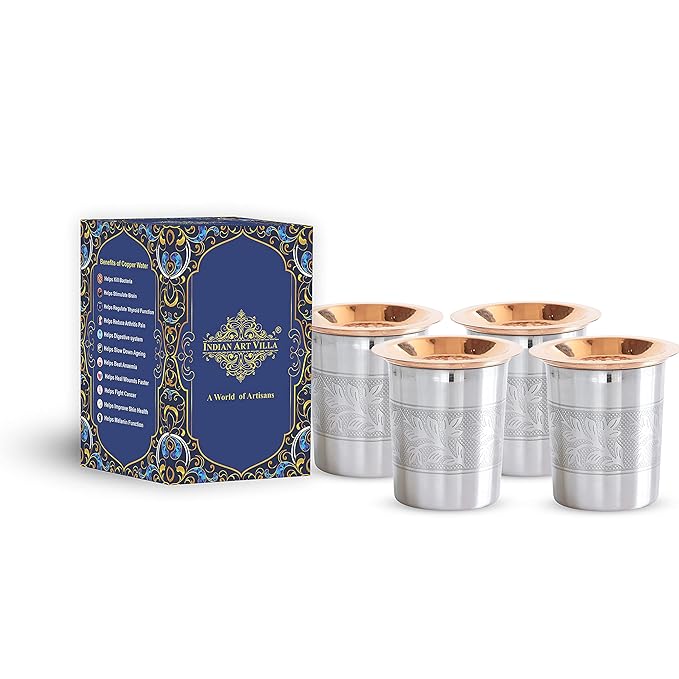 Indian Art Villa Embossed Design Steel Copper Glass Tumbler Cup Each - 130 gms
