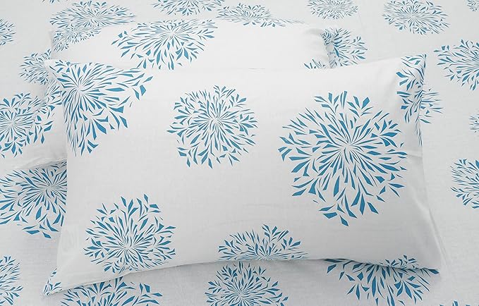 Huesland by Ahmedabad Cotton 144 TC Cotton Pillow Covers Set of 2 | White (Blue Print)