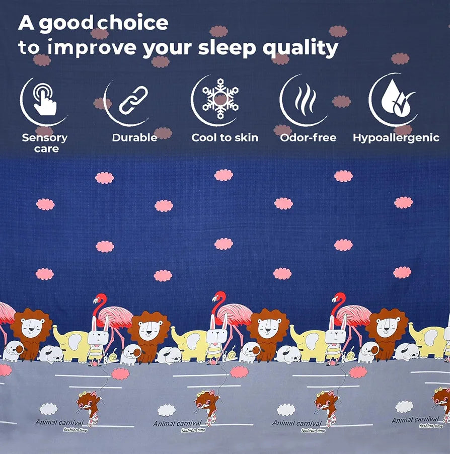 Fresh From Loom Bed Sheet Cartoon Printed Double Bedsheets King Size for Kids with 2 Pillow Cover 144 TC Animal-Blue