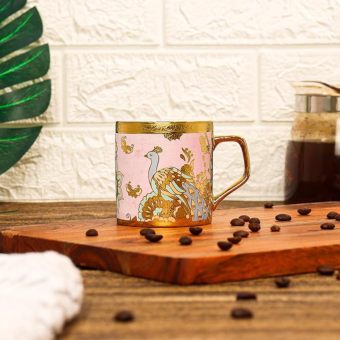 Femora Bone China Gloden Tea Cup | Butterfly & Peacock | 160 Ml | Peach