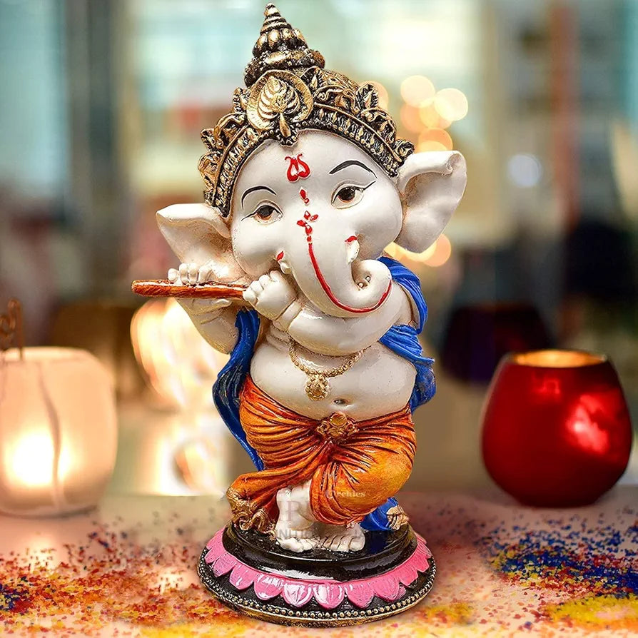 Jaipur Ace Resin Playing Flute Ganesh Idol Statue Multi Colour