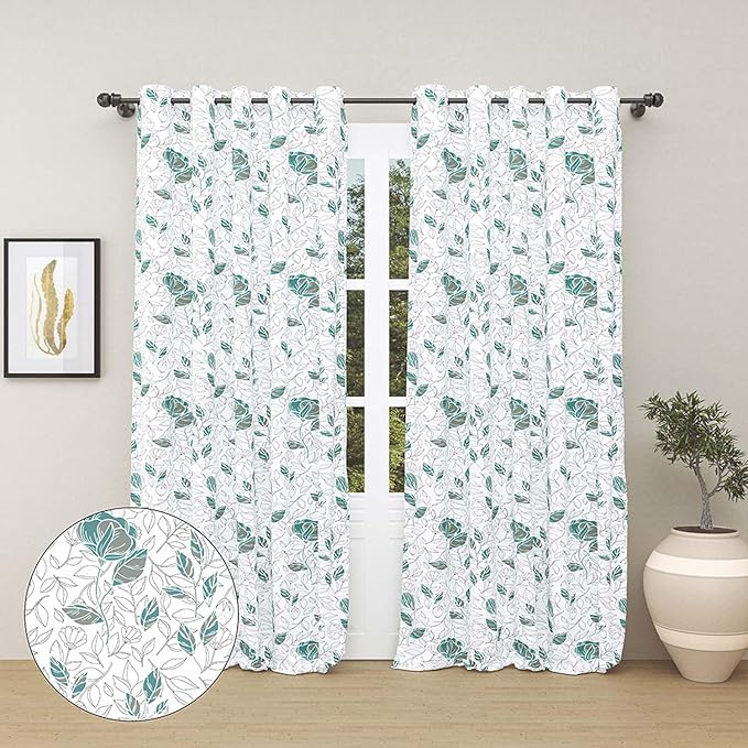 Haus & kinder Cotton Curtains Set of 2 for Bedroom Window Door Curtains | Colour Blooming Roses Aqua
