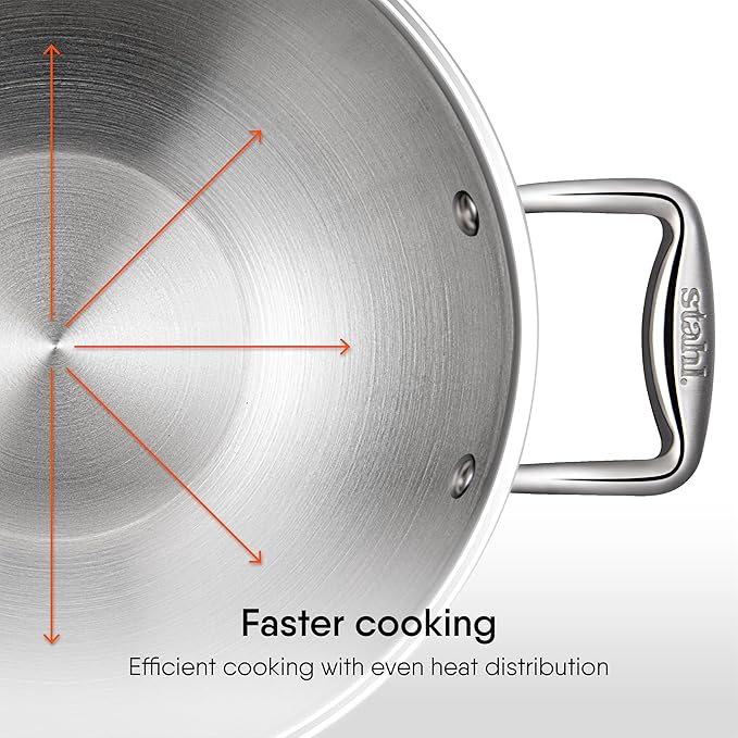 Stahl Artisan Triply Stainless Steel Kadhai With Lid | Kadai for Cooking | Induction & Gas Stove Compatible | 8 Litres | 34 Cm