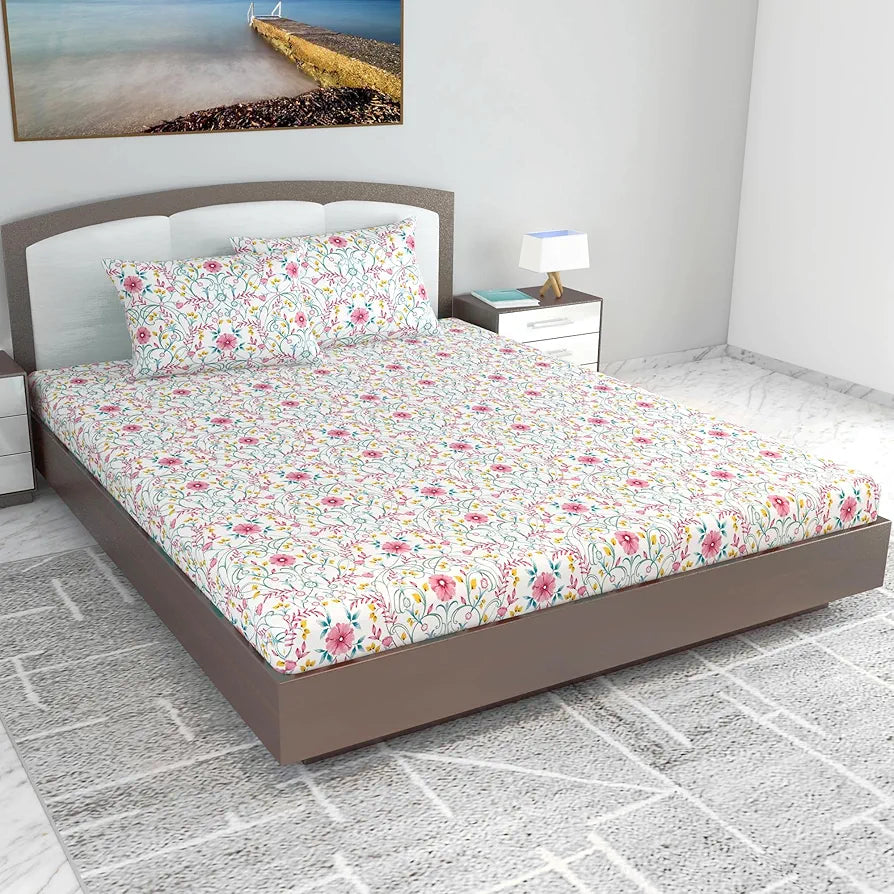 Divine Casa 144 TC Cotton White Jaipuri Bedsheets for King Size with 2 Pillow Covers Colour Liberty Pink