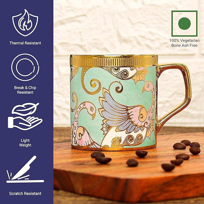 Femora Bone China Gold Tea Cup | Dancing Peahens | 180 Ml