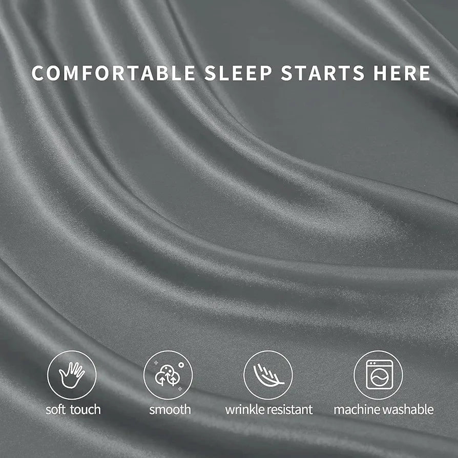 Cloth Fusion Satin Bedsheet for Queen Size Bed Set of 1 Satin Sheet 2 Pillow Covers Silver