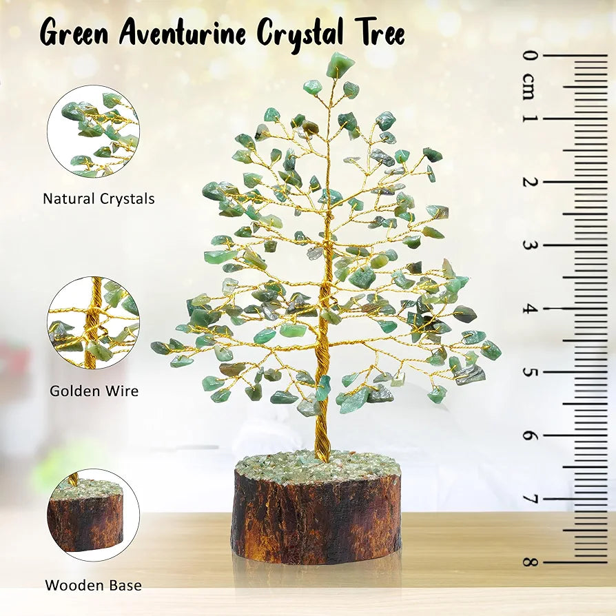 Crocon Green Aventurine Gemstone Money Tree Feng Shui Bonsai Golden Wire