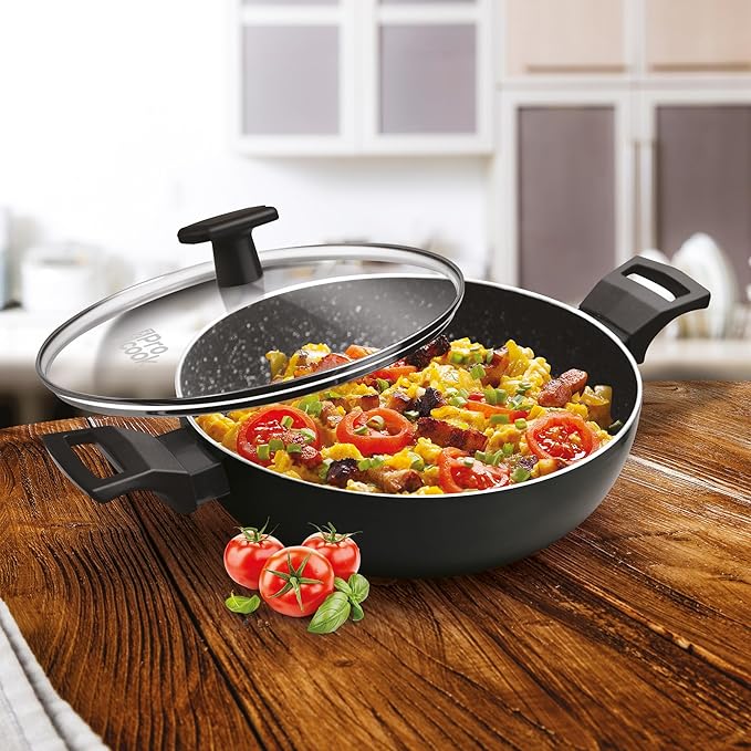 Milton Pro Cook Granito Induction Kadhai With Glass Lid, 30 Cm / 4.9 Litre, Black - 2020 gms