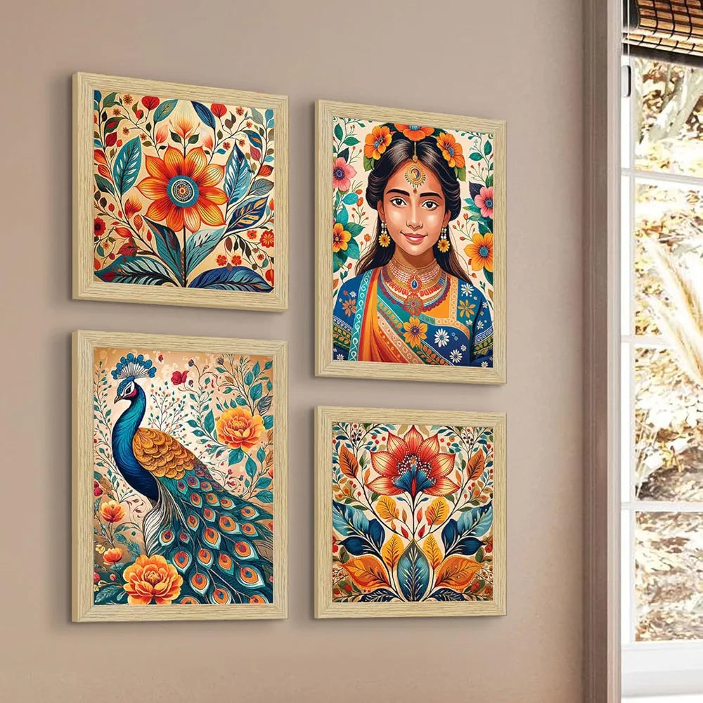 ArtX Paper Madhubani Madhubani-SO4-06 Art Paintings with Frame Multicolor Set of 4