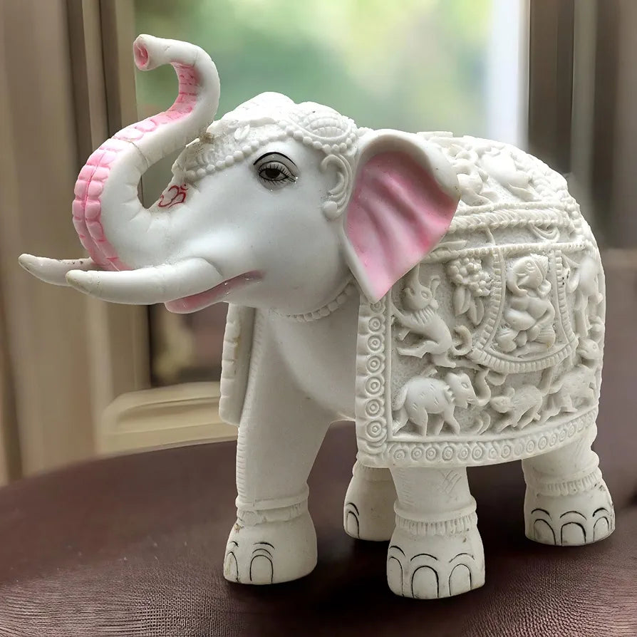 Kraftskala White Elephant Showpiece Animal Carving Big Size Marble Resin Aesthetic Statue