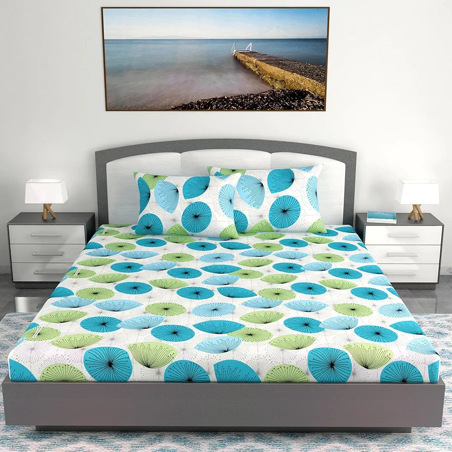 Divine Casa 144 TC 100% Cotton King Bedsheet with 2 Pillow Covers Floral Pattern Colour Cyan