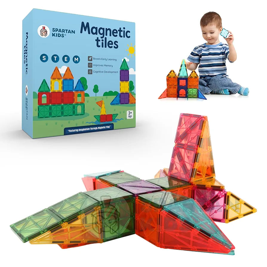 SPARTAN KIDS® Premium Magnetic Tiles for Kids  Magnetic Building Blocks for Kids 3 4 5 6 7 8 Years, Constructing & Learning Builder Educational Kids Magnetic Blocks Game