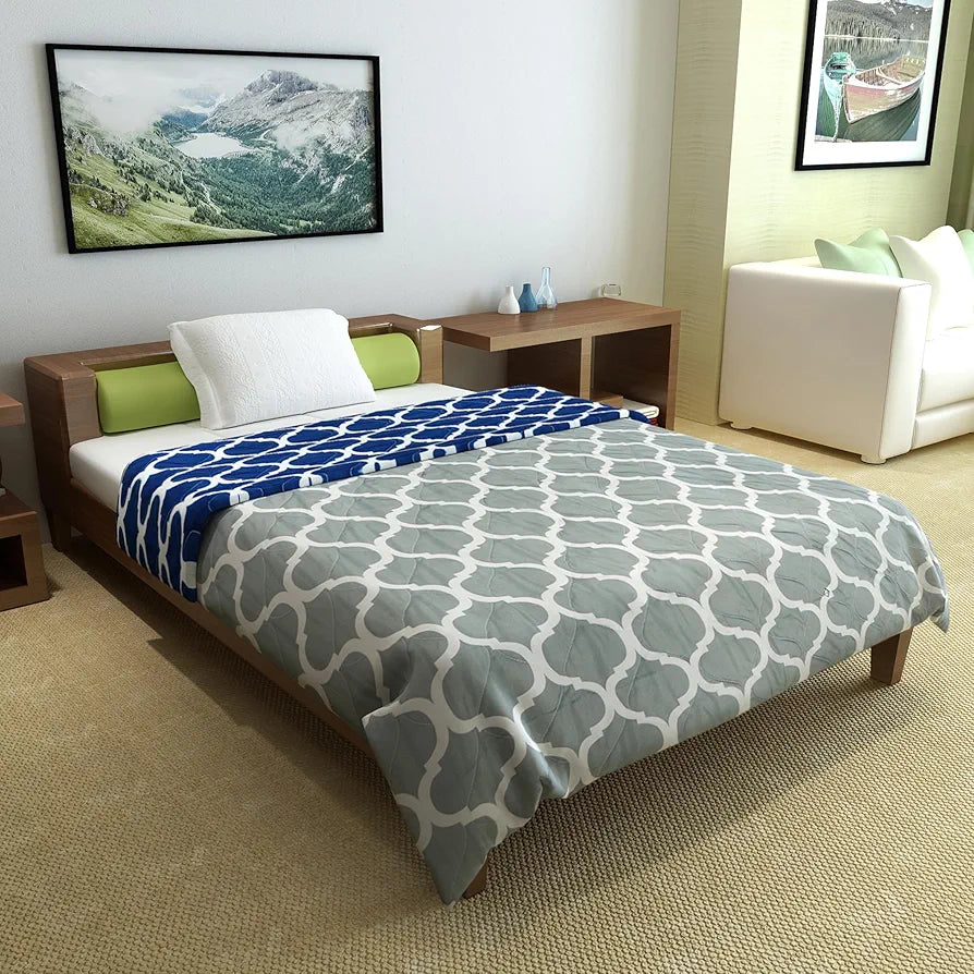 Divine Casa 120 GSM Geometric Blue Single Bed AC Comforter Cooling Blankets for Summer Rajai Cover Single Bed TC - 120 Colour Deep Grey Blue