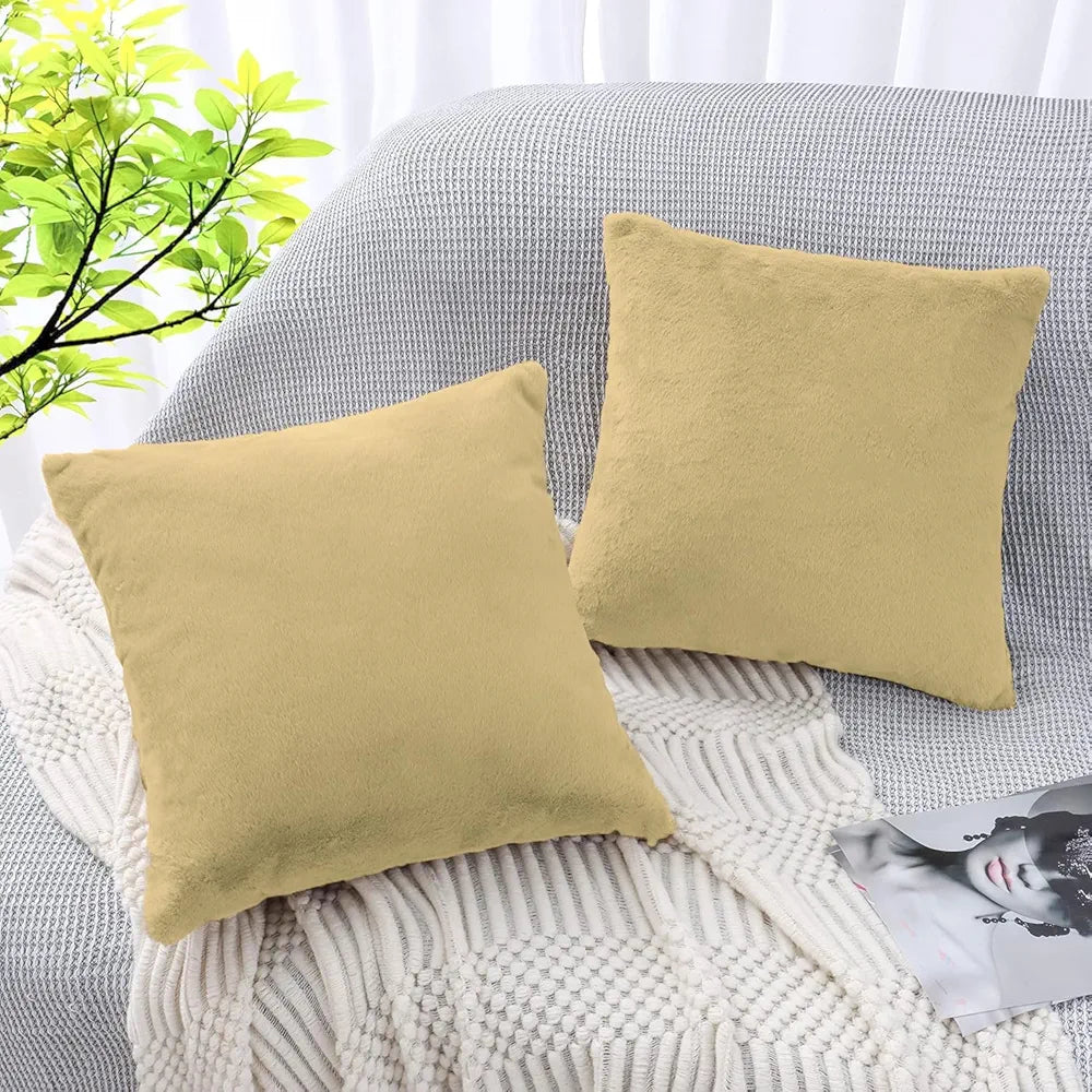 Luxe Home Cushion Cover Duble Side Rabbit Fur Plain Design Covers Set of 2 for Sofa Colour Gold