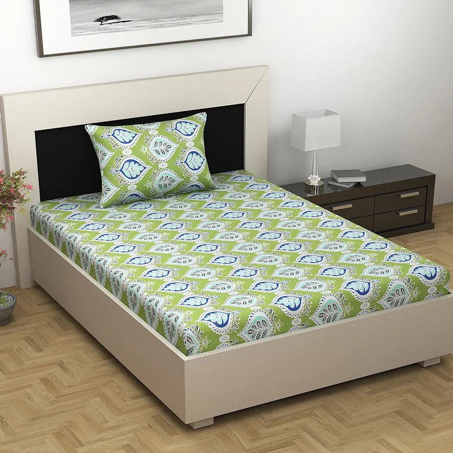 Divine Casa Bedsheet for Single Size Bed 144 TC Cotton Bedsheet for Single Size Bed with 1 Pillow Cover  Floral Colour Palm Green