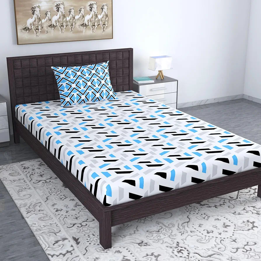 Divine Casa 144 TC Cotton Bedsheet for Single Bed with 1 Pillow Cover Colour Grey & Blue