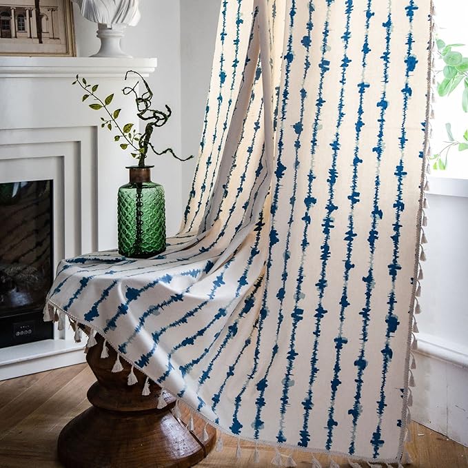 Huesland Cotton Curtains for Door, 7 Feet Long 1 Bohemian Eyelet Curtain | Blue Vertical Stripes