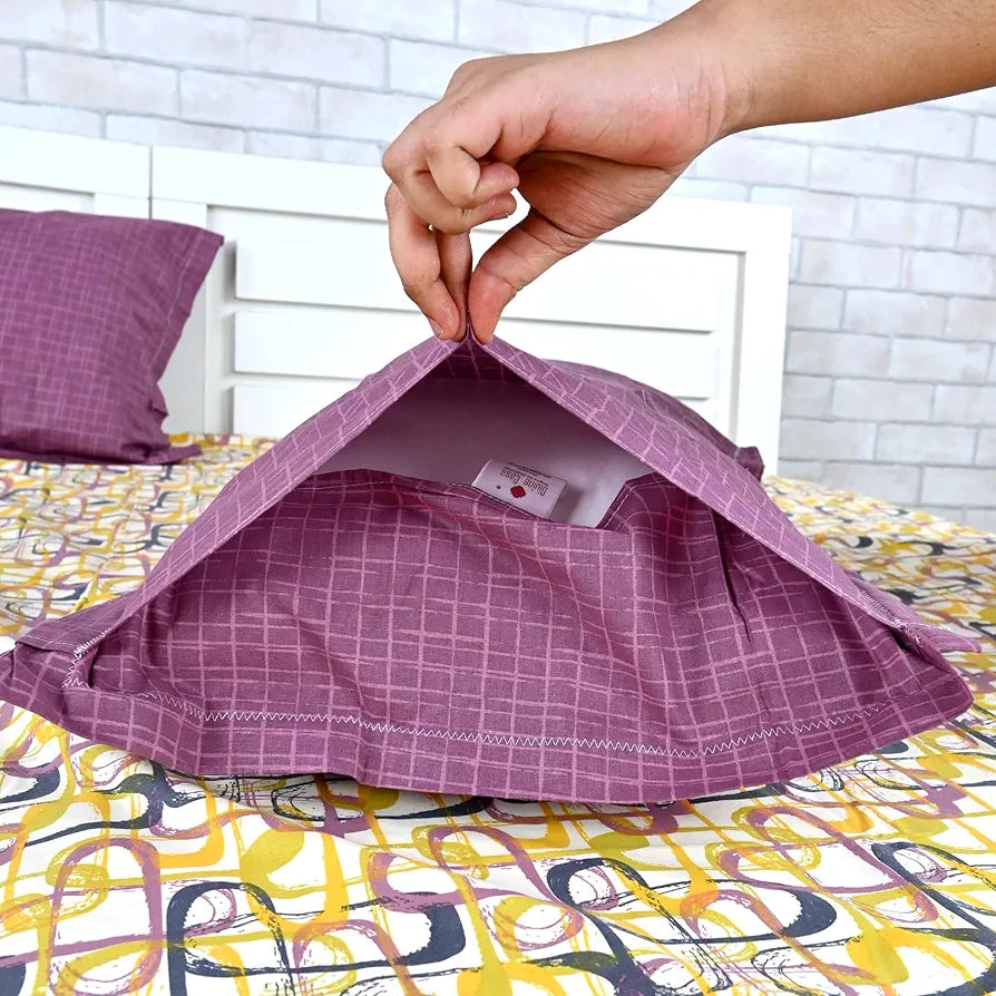 Divine Casa 144 TC 100% Pure Cotton Single Bed Bedsheet with 1 Pillow Cover Wavy Pattern Colour Charcoal Yellow