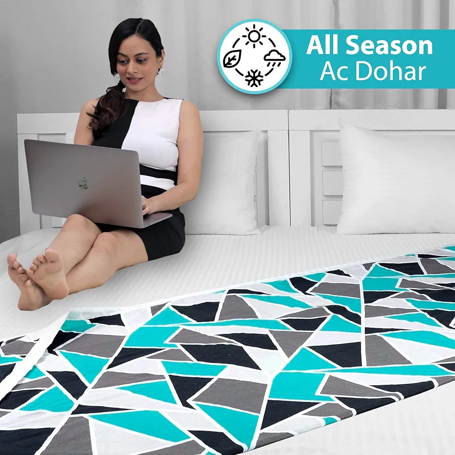 Divine Casa 100% Cotton 144 TC Reversible Geometric Printed Single Bed AC Dohar Blanket for Mild Winter TC - 144 Colour Crystal Teal